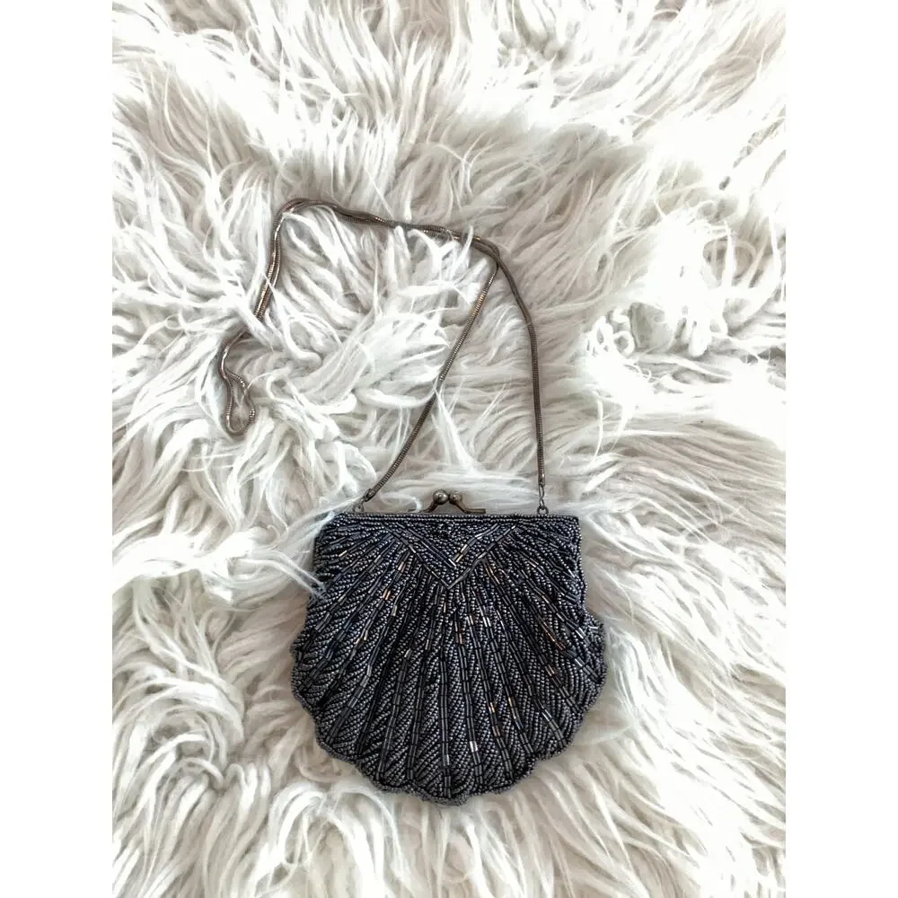 Vintage Beaded Shell Crossbody Evening Bag‎ Purse Clutch with Chain Strap black